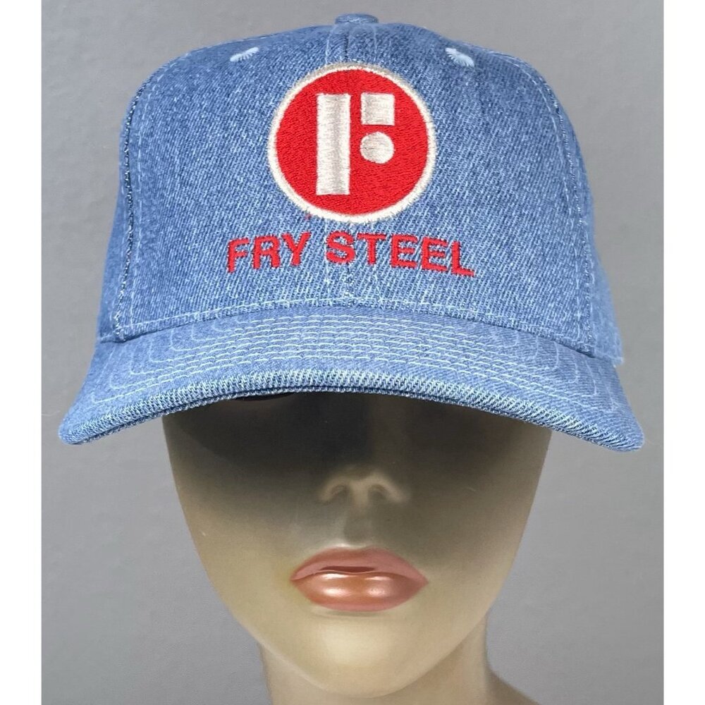 VTG Adult M/L Snapback Blue Denim FRY STEEL Baseball Trucker HAT Made in USA EUC